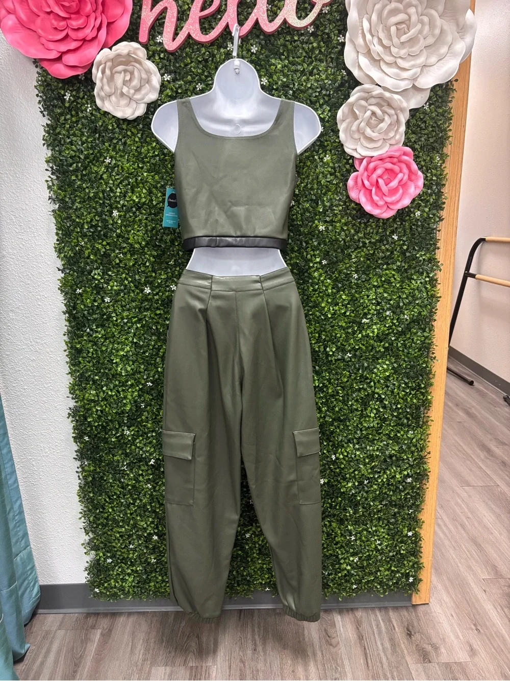 Weissman Olive Green Faux Leather Cargo Jumpsuit Set - Kids